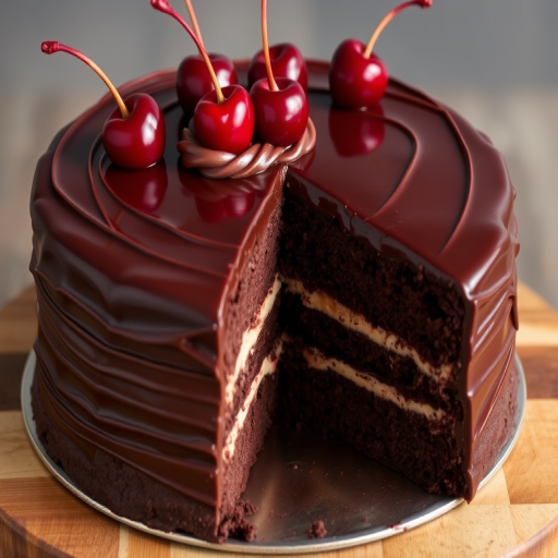 A rich chocolate cake with smooth chocolate frosting and fresh cherries on top, featuring a slice cut out to reveal layers of moist chocolate cake and creamy filling, set on a wooden surface.