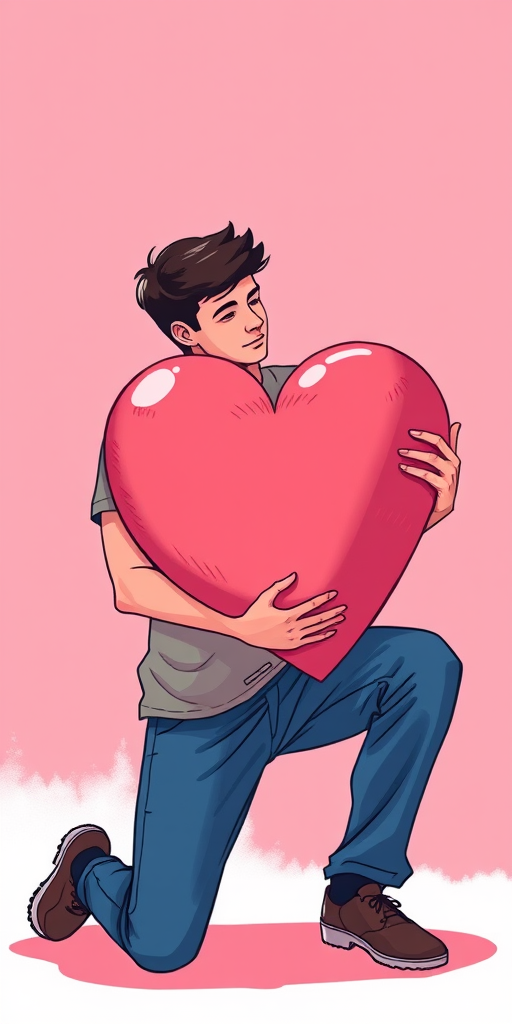 A stylized illustration of a man kneeling and holding a large heart, with a vibrant color palette, shot with a Canon EOS R6, 50mm lens, f/1.8 aperture, natural light, slightly low angle for dramatic effect, clear background to emphasize the subject.