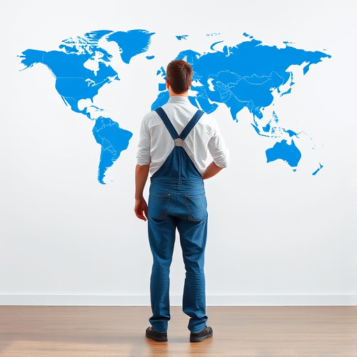 A person in blue overalls standing with a blueprint in hand, facing a large blue world map on a plain white wall, shot with a DSLR camera, 50mm lens, aperture f/1.8, ISO 100, natural light, mid-angle view.