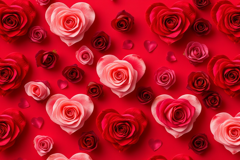 Create a seamless pattern featuring various shades of red roses arranged in heart shapes on a deep red background, using a high-resolution camera at f/8 aperture, ISO 100, 24mm lens, capturing a flat lay style for even lighting and vibrant color enhancement.