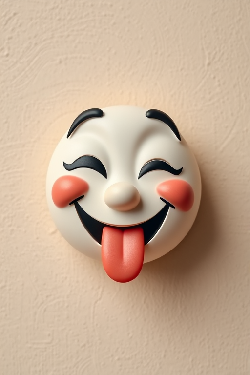 Create a playful and whimsical cartoon face with a wink and a tongue out against a textured beige background, capturing it using a DSLR camera at f/2.8, ISO 100, 50mm lens, in a soft focus style.