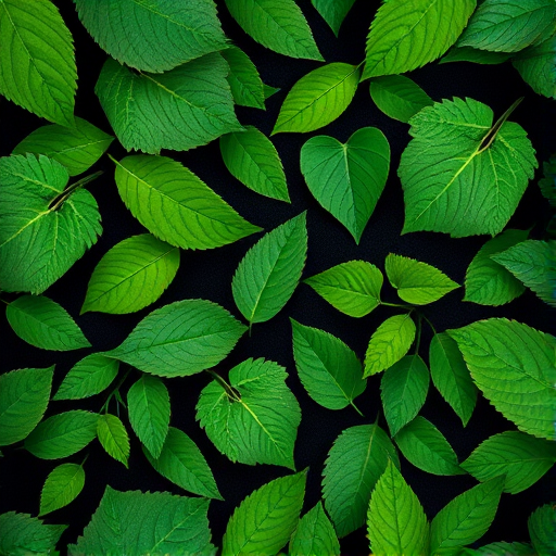 create a seamless pattern of various green leaves on a dark background, use macro photography settings with a shallow depth of field, capture from a top-down view, use a DSLR camera with a 50mm lens, f/2.8 aperture, ISO 100, shutter speed 1/200s to enhance image quality.