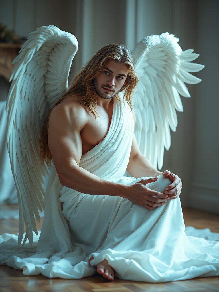 A muscular angel with long flowing hair sitting gracefully, draped in a white cloth, indoor setting, soft ethereal lighting, shot with a Canon EOS R5, 50mm lens, f/1.8, ISO 100, natural light with a cinematic depth of field.