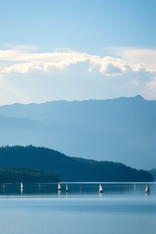 a serene landscape featuring a calm lake with multiple sailboats, distant mountains under a clear blue sky, soft clouds and gentle sunlight illuminating the scene