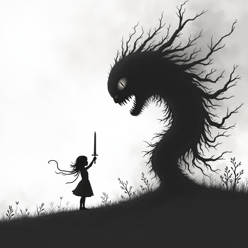 Fight your fears illustration of black and white minimalist of a little girl standing on a hill, raising a sword in hand, she is facing a large menacing creature with large head, sharp teeth and sharp claws, its body is made of vines and roots. The background is a cloudy sky with a hint of smoke or fog. The overall mood of the image is dark and eerie.