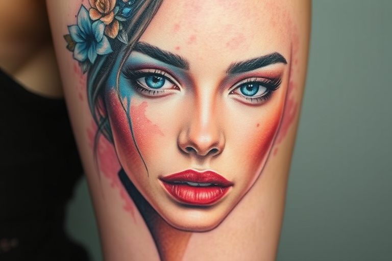 Watercolor portrait tattoo titled "Ethereal Beauty" combining realistic facial features with soft dreamy washes of color to create a captivating and emotive piece that appears to float on the skin