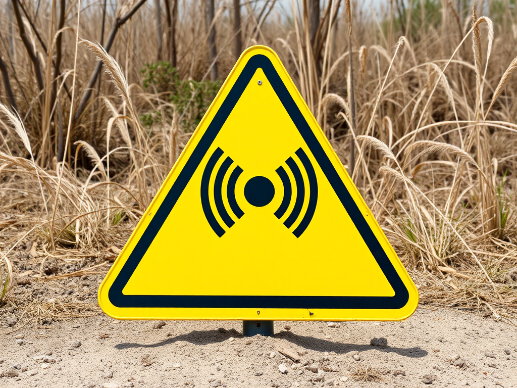 Create a high-resolution image of a yellow triangular caution sign with black radio wave symbols in the center, captured using a DSLR camera with a 50mm lens, f/2.8 aperture, ISO 100, and natural lighting for a clear and sharp appearance.