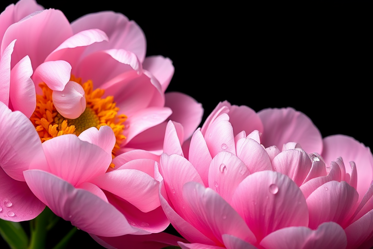 photography of two blooming pink peonies with water droplets on petals, black background, macro view, aperture f/2.8, shutter speed 1/125s, ISO 100, DSLR camera, natural light