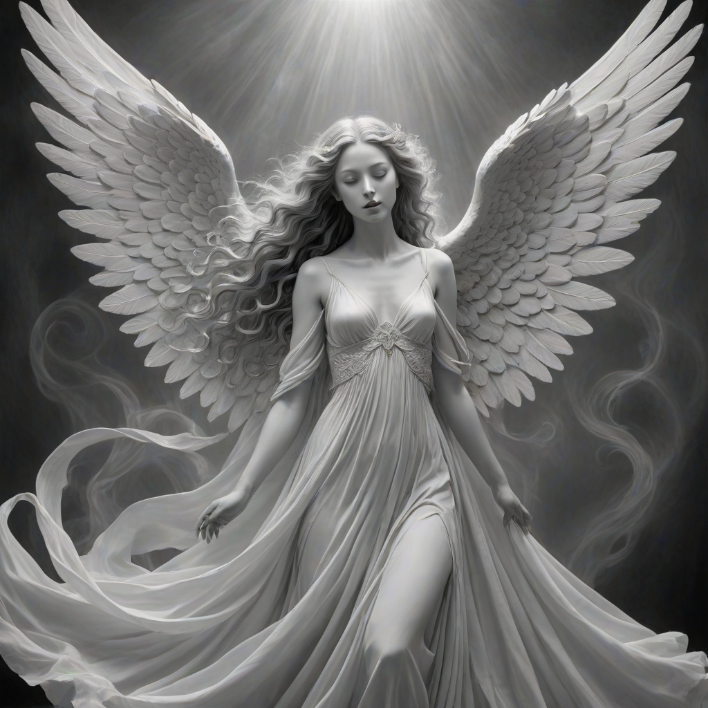 An angel, crafted in the unique style of Folk Art, as she unfolds herself against an ethereal backdrop, her wings softly billowing, face radiating a heavenly glow, every curl in her strikingly serene countenance finely brushed, monochrome, detailed techniques, ultra fine, breathtaking surreal masterpiece