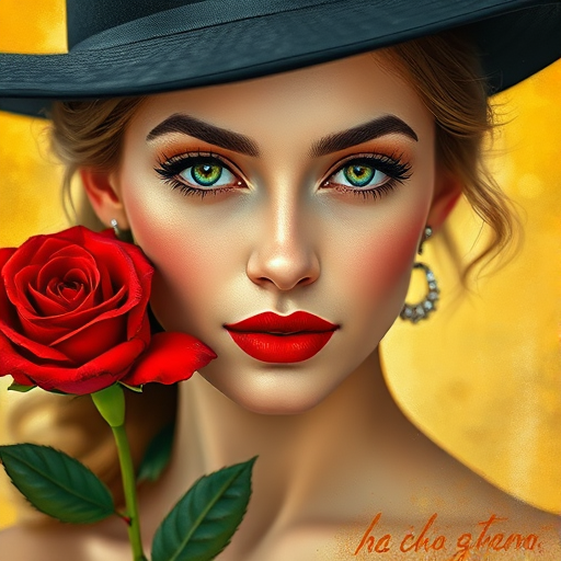 portrait of a woman with a black hat and red rose, vivid colors, textured brush strokes, 85mm lens, f/2.8 aperture, ISO 100, soft focus background, digital painting style, high resolution