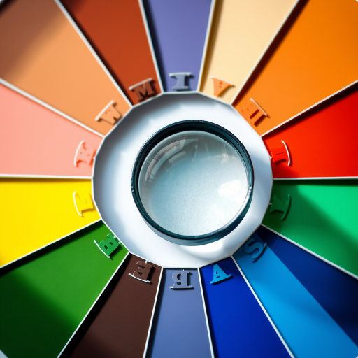 high-resolution close-up of a color palette arranged in a circular pattern with a magnifying glass in the center, soft natural lighting, ISO 100, f/4, 50mm lens, DSLR camera, shallow depth of field
