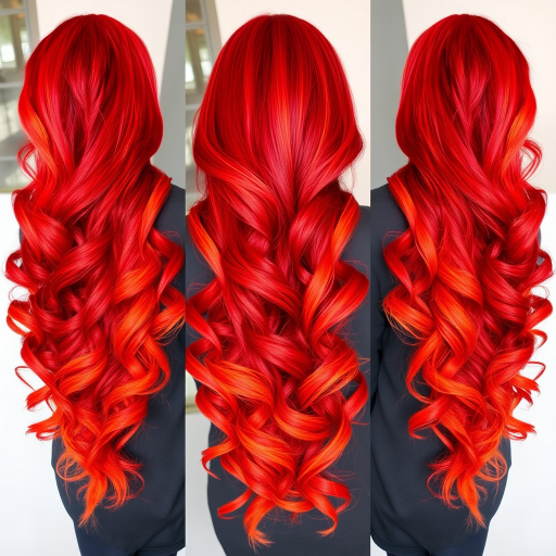 Fiery ombre locks transition from deep crimson roots to bright orange tips, styled in voluminous curls reminiscent of flickering flames, embodying the fierce and passionate "Phoenix Rising" style