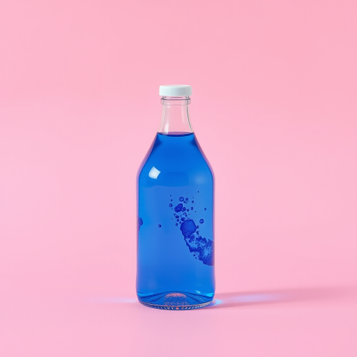 Create a highly detailed and vibrant vector illustration of a blue liquid-filled bottle on a pastel pink background, using a Canon EOS R5 camera with a 50mm f/1.2 lens, aperture set at f/8, ISO 100, and natural soft lighting to achieve a clean and crisp image quality.