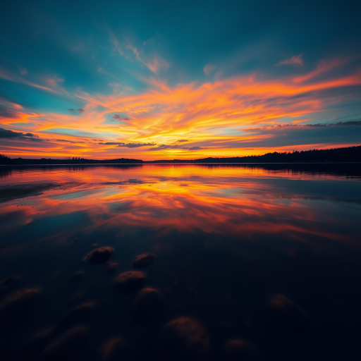 Generate a high-resolution image of a serene sunset over a calm lake with vibrant colors reflecting in the water, shot with a Canon EOS R5 at f/1.8, ISO 100, 1/60 sec, using a wide-angle lens from a low angle to capture the foreground and sky in detail.