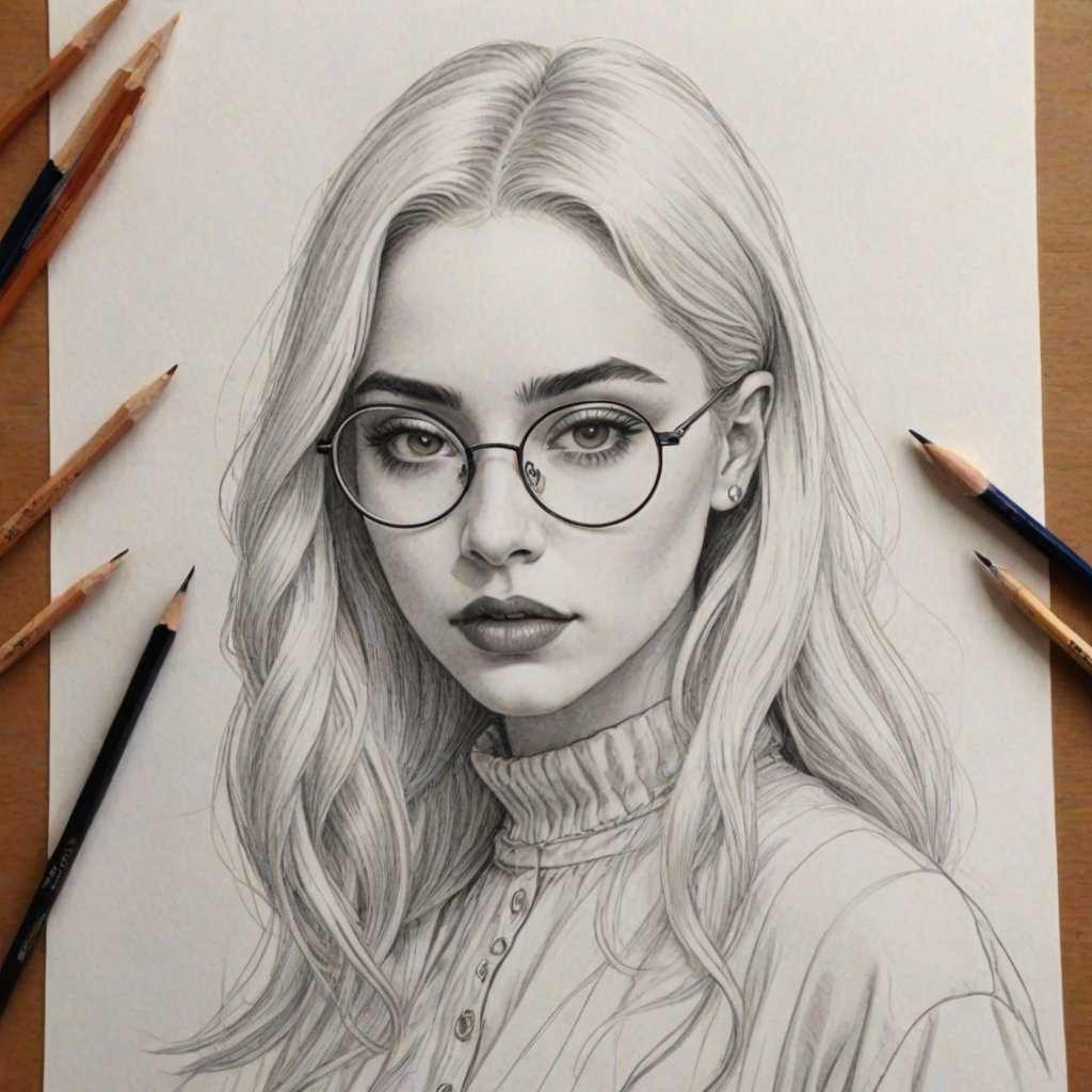 Exquisite Ava Max, pencil sketch, portrait of Sublime woman 1923s in glasses, hair style beatnik, outline, clear lines, fine lines, 8k