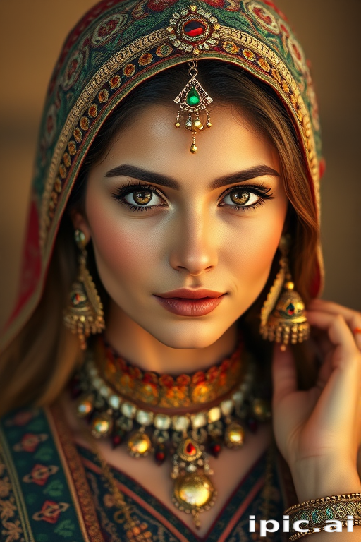 Create a portrait of a beautiful woman with striking hazel eyes and a gentle expression. She is adorned in traditional attire with intricate patterns, including a richly embroidered headscarf and matching garments. Her jewelry includes a delicate headpiece, dangling earrings, and ornate bracelets, all featuring vibrant gemstones and detailed metalwork. The background is soft and warm, enhancing the rich colors of her outfit and jewelry.