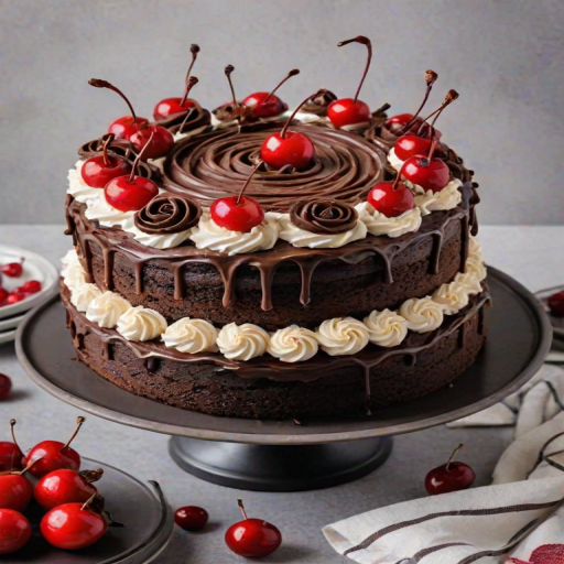 Create an image of a round chocolate cake with a rich, dark chocolate base. The top is adorned with whipped cream rosettes, chocolate curls, and bright red cherries. The cake is set on a simple wire rack with a light, textured background that enhances the cake's features. Include a striped kitchen towel beside the cake for added detail.