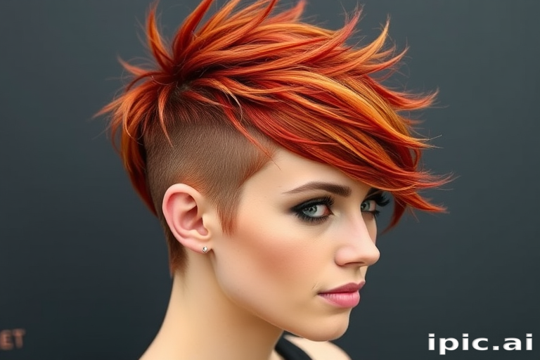 Vibrant redhead sporting a fiery copper pixie cut with textured spikes, featuring bold asymmetrical bangs and shaved sides for an edgy, modern look