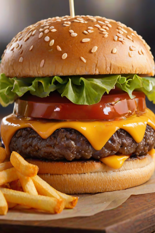 High-resolution, close-up image of a gourmet double cheeseburger. The burger features a glossy, sesame-seed-topped brioche bun. Inside, there are two thick, juicy beef patties, each topped with melted cheddar cheese. The burger is garnished with fresh lettuce, tomato slices, diced onions, and pickles. A generous amount of ketchup and a creamy, orange-colored sauce is dripping down the sides, adding to the mouth-watering appeal. In the background, there are blurred elements including a side of golden French fries and a hint of a beverage, enhancing the overall presentation of a delicious meal.