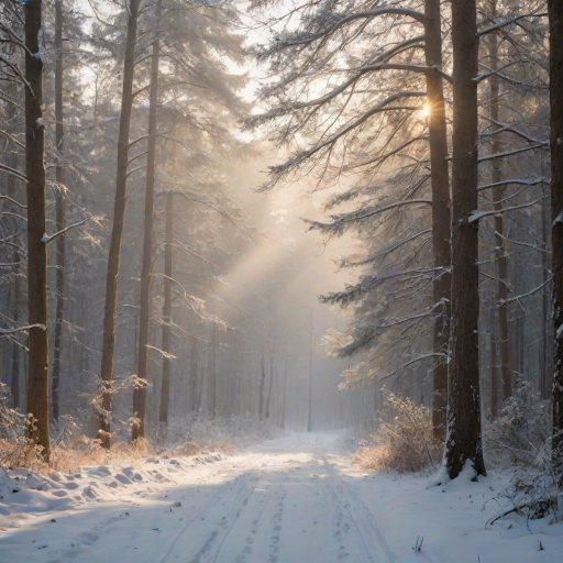capture a serene winter forest landscape with mist rolling over snow-covered trees using a Canon EOS 5D Mark IV, 50mm lens, aperture f/8, ISO 100, shutter speed 1/200s, golden hour soft light, shallow depth of field for atmospheric effect