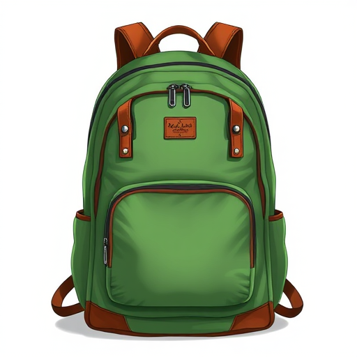 Create a high-resolution illustration of a green backpack with brown accents, using a DSLR camera at f/2.8 aperture, ISO 100, 50mm lens, with a frontal view and a soft focus background to enhance detail and texture.