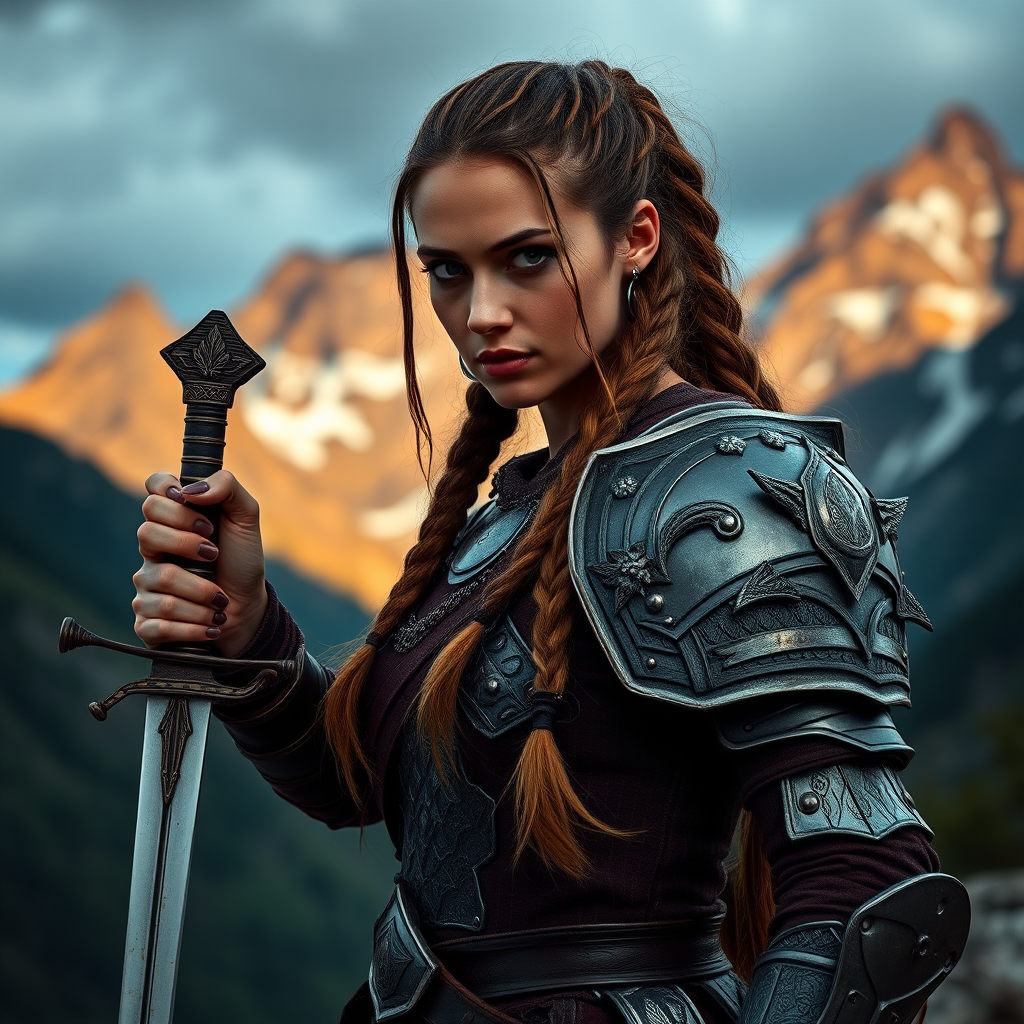 Regenerate a fierce warrior woman with long braided hair wearing a detailed armor and holding a sword, set against a dramatic mountainous landscape, shot with a Canon EOS R5 at 50mm f/1.2, aperture priority mode, natural light, vibrant colors, high dynamic range.