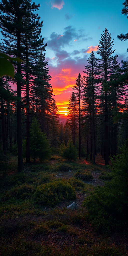 Generate an image of a serene forest landscape at sunset with vibrant colors and soft lighting, using a Canon EOS R5 camera with a 24-70mm f/2.8 lens at ISO 100, aperture f/8, and a shutter speed of 1/60s, in a wide-angle view for enhanced depth and detail.