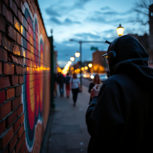 Blurry candid shot of a street artist spray-painting a mural on a brick wall at dusk, vibrant colors blending together, with distant passersby watching and warm light from street lamps casting shadows.