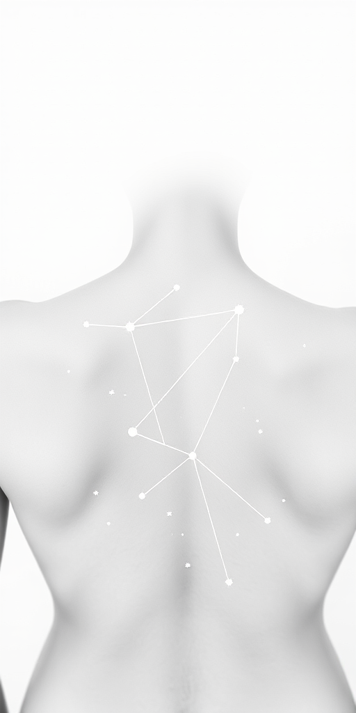 Minimalist line art constellation map spread across shoulders and upper back, delicate white ink stars connected by thin lines, celestial beauty