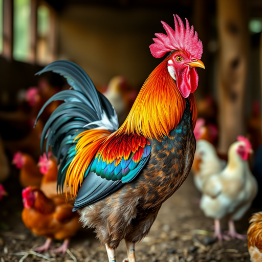 A vibrant rooster with multicolored feathers standing proudly in a barn, with a soft-focus background of chickens, taken with a Canon EOS 5D Mark IV, 50mm lens, f/1.8, ISO 100, natural lighting, shallow depth of field.
