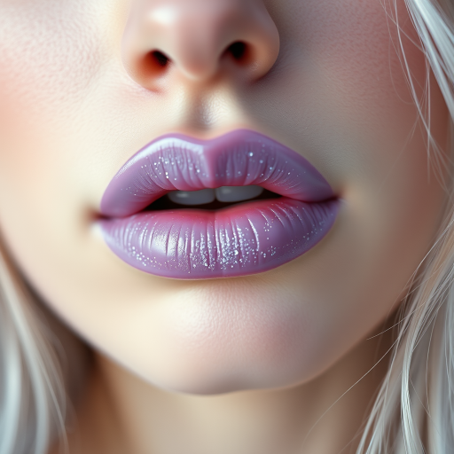 Ethereal woman lips adorned with a frosted lilac lipstick, cool-toned and ethereal, slightly shimmering, evoking a dreamy and otherworldly aesthetic