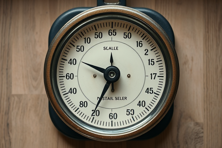 Create a high-resolution image of a vintage mechanical scale with a prominent circular dial, captured in natural light using a DSLR camera with an aperture of f/2.8, a shutter speed of 1/125 sec, and ISO 200, from a top-down view to emphasize its design.