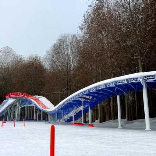 Wing coaster snow theme in attraction park in winter