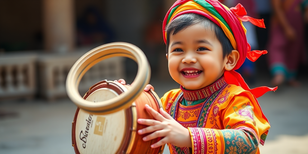 Capture a joyful child performing with a traditional drum and vibrant attire, focus on the spinning tambourine in mid-air, shot with a Canon EOS R5 at f/2.8, ISO 100, 1/1000s, using a 50mm lens in natural daylight for sharp details and vivid colors.