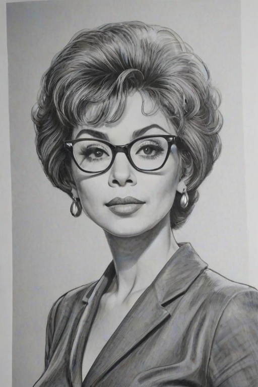 Charming Rita Moreno, pencil sketch, portrait of Magnificent woman 1966s in glasses, hair style beatnik, outline, clear lines, fine lines, 8k