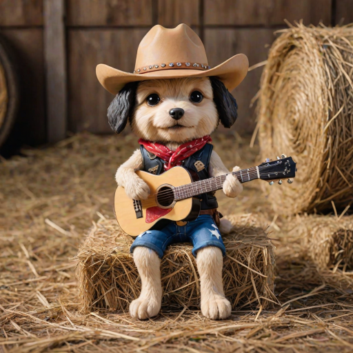 A chibi dog, dressed as a cowboy, playing guitar, sitting on a hay bale
