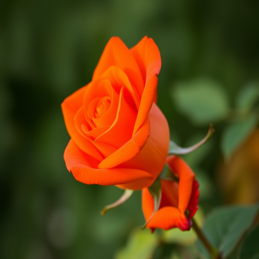 A close-up of a vibrant orange rose in full bloom, set against a softly blurred green background, taken with a DSLR camera, 85mm lens, f/1.8 aperture, 1/200 sec shutter speed, and ISO 100 for enhanced image quality.