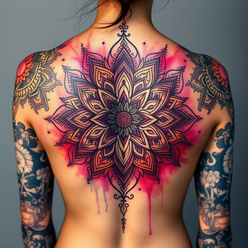 Stunning body tattoo featuring intricate mandala patterns in vibrant watercolor hues, adorning the upper back and shoulders with delicate shading and ethereal wisps