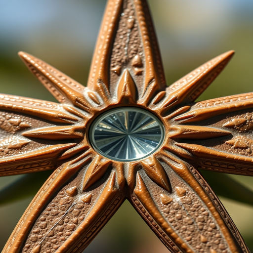 Create a high-resolution image of a geometric star shape with a circular centerpiece, taken with a DSLR camera at f/11, 1/125 sec shutter speed, ISO 100, using a macro lens for detailed texture, centered composition, and natural lighting to enhance clarity and contrast.