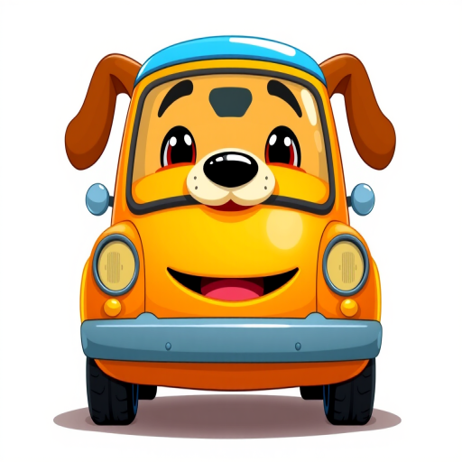 Create a vibrant cartoon-style illustration of a cheerful dog-faced car with a bright orange body and blue roof, captured in a frontal view using a DSLR camera with a 50mm lens, f-stop at f/2.8, ISO 100, and soft lighting for enhanced color saturation and clarity.