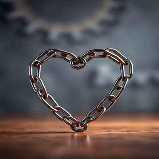 Create a high-resolution image of a heart shape made of interlocking metal chains, with a focus on sharp details, using a 50mm lens, aperture f/2.8, ISO 100, and a shallow depth of field, taken with a DSLR camera in a well-lit studio environment.