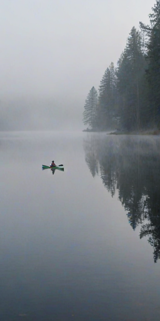 Morning fog over a serene lake, a woman in a kayak paddles slowly through the still water, the surface like glass as the mist rolls over the distant treeline.