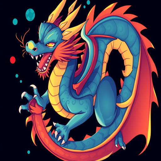 high-resolution illustration of a stylized dragon, vibrant colors, dynamic pose, 50mm lens, aperture f/2.8, ISO 100, DSLR camera, top-down view, digital art style