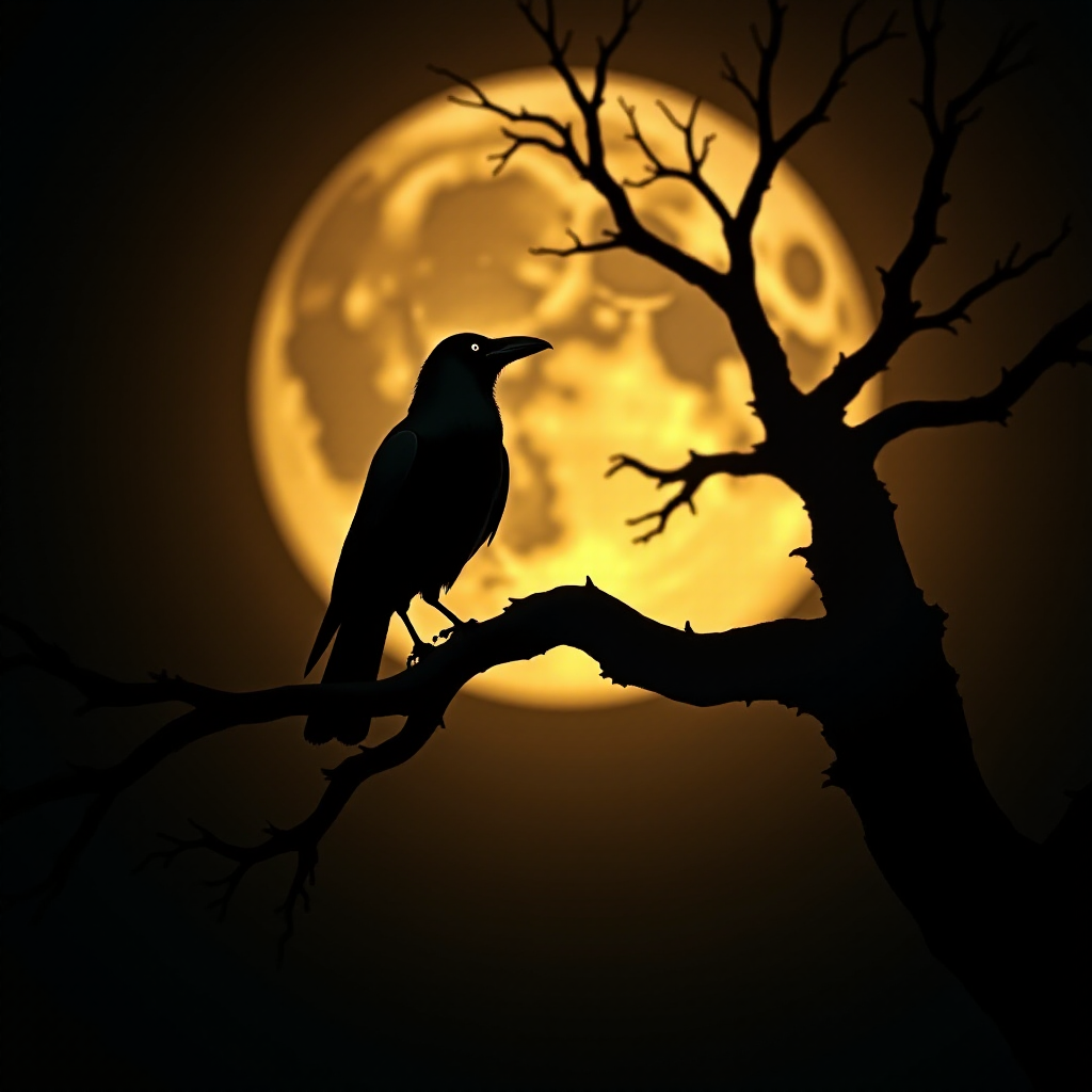 A fantastical photo featuring the silhouette of a crow perched on the branches of a tree, set against the backdrop of a large, luminous moon. Incorporate fantasy elements into the posture of the crow and the shape of the branches, depicting a mysterious scene illuminated by the moonlight on a tranquil night. Use warm tones to enhance the cozy atmosphere of this enchanting and elegant scene. insanely detailed, High contrast and low saturation.