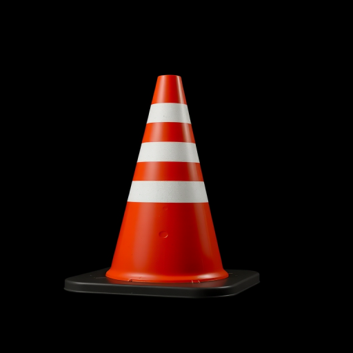 Generate a high-resolution image of a traffic cone with three white stripes, using a DSLR camera, aperture f/8, ISO 100, 50mm lens, shot from a low angle with soft studio lighting against a plain black background.