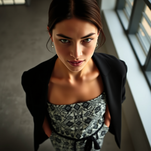 Capture the model from a high angle, emphasizing the outfit’s pattern and silhouette. Use a 35mm prime lens to maintain sharpness and minimize distortion