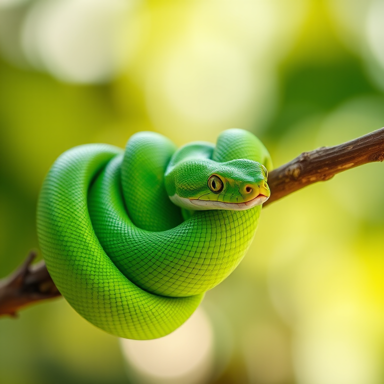Create a high-resolution image of a vibrant green snake coiled on a branch, using a DSLR camera with a 50mm lens, aperture set at f/2.8 for a shallow depth of field, ISO 100 for minimal noise, and soft natural lighting to enhance the texture of the scales.