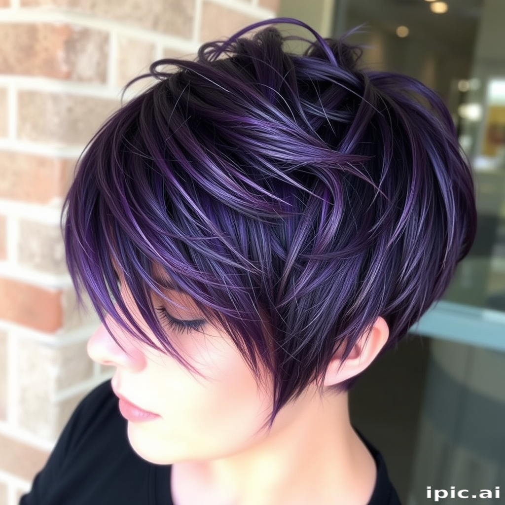 Deep violet hair with silver highlights in a textured pixie cut, Amethyst Starlight style, combining edgy short layers with a regal purple hue