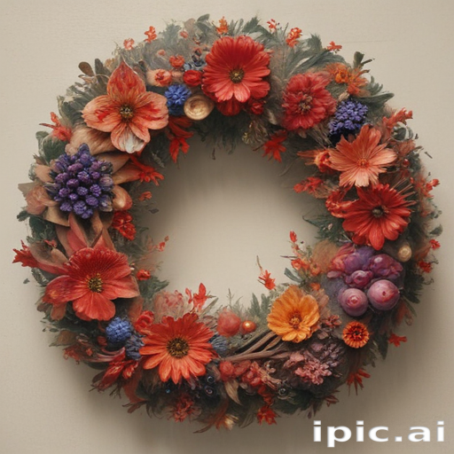 Vibrant Floral Wreath Adorned with Colorful Blooms and Lush Foliage