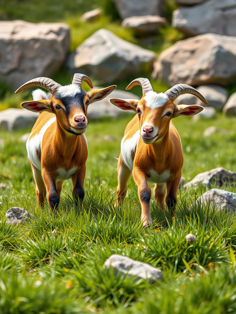 Create a detailed illustration of two playful goats in a grassy setting with rocks, captured with a DSLR camera at f/8 aperture, 50mm lens, in natural light, showcasing vibrant colors and fine textures.